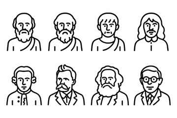 Famous philosophers and thinkers outline portraits collection, vector illustration