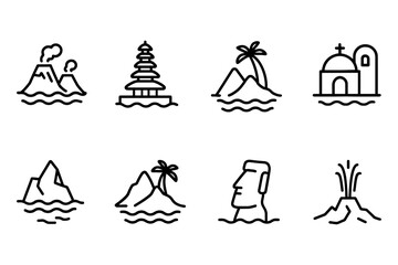 Icon set of global travel destinations featuring famous landmarks, vector illustration