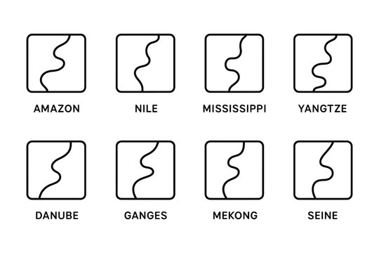 Famous rivers of the world icons with simplified geometric lines, vector illustration