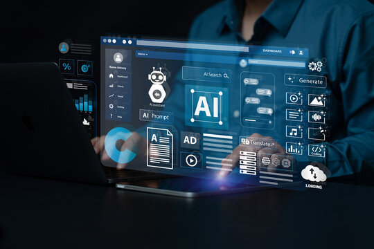 Artificial Intelligence Content Generator. A man uses a laptop to interact with AI assistant. AI offers functions like chatbot, generate images, write code, writer bot, translate and advertising.