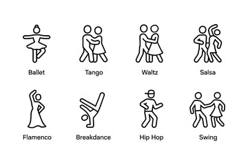 Fototapeta premium Diverse dance styles illustrated: ballet, tango, waltz, salsa, flamenco, breakdance, hip hop, and swing, vector illustration