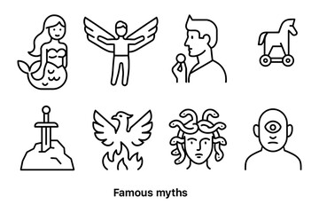 Fototapeta premium Mythical creatures and legends: mermaid, icarus, trojan horse, excalibur, phoenix, medusa, cyclops, vector illustration
