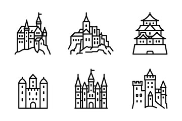 Fototapeta premium Collection of medieval and asian castles in minimal line art style, vector illustration