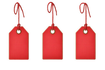 Red hanging sale tags in a wobbly arrangement suitable for promotions or discounts for products in retail settings