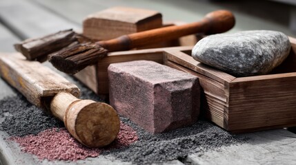 Set of old woodworking tools and stone blocks on grey rustic table with sawdust texture background