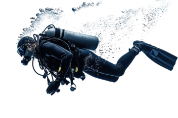 Scuba diver gliding gracefully through clear blue water in an underwater adventure showcasing marine life and freedom