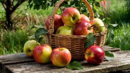 A wicker basket brimming with red, green, and yellow apples sits on a rustic wooden table in an orchard, surrounded by lush greenery and trees.


