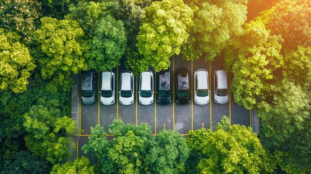 Aerial view of cars parked in a lot surrounded by lush greenery