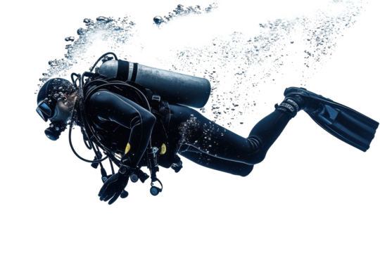 Scuba diver gliding gracefully through clear blue water in an underwater adventure showcasing marine life and freedom