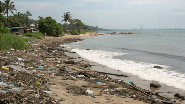 How about: Morning view of a peaceful beach with clear skies, waves, and tropical landscapes? 4k horizental cenematic video footage