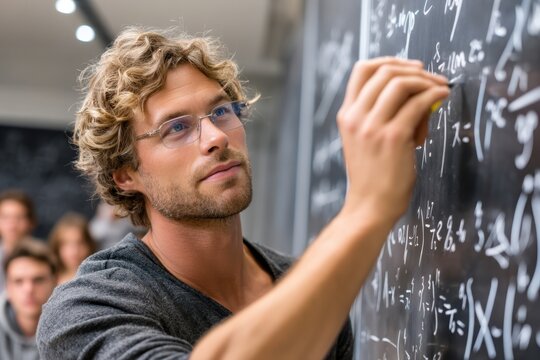 Man teaching a mathematics lesson in a classroom filled with students