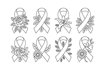 Black Line Art Awareness Ribbons with Flowers and Leaves Icon Set rose lily