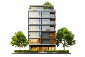 Modern building with extensive windows surrounded by greenery, showcasing contemporary architecture and inviting outdoor spaces during daytime