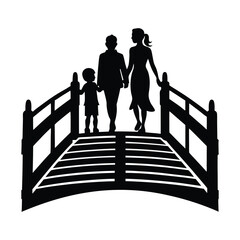 Family silhouette crossing a wooden bridge on white background