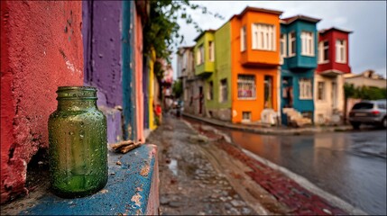 Old glass bottle glistening with water droplets against a warm wall in morning light with blurred street backdrop