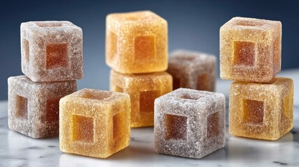 Close-up of luxurious caramel praline cubes with salt crystals, beautifully lit on a marble surface showcasing exquisite details and indulgent textures
