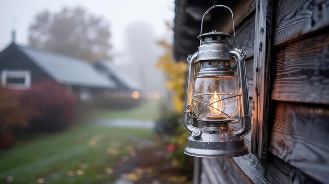 Warm light from an old lantern on a wooden cabin wall, with raindrops, overlooks a foggy rural landscape and distant house.