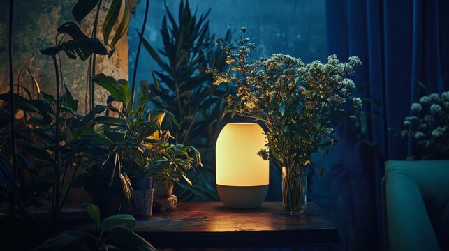 Cozy candlelit scene with green plants and flowers in peaceful dark evening interior decorative arrangement