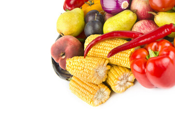 Collection fruits and vegetables isolated on a white. Free space for text.