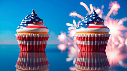 Patriotic cupcake with USA flag on glass table against colorful Independence Day fireworks background.