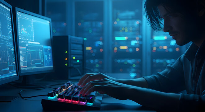 Focused Programmer in Server Room