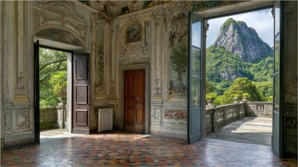 View from the open door of a baroque palace in the Dolomites with breathtaking forest and mountain landscapes under natural light