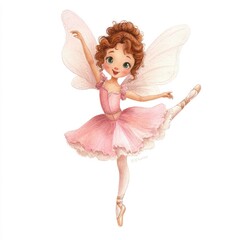 Beautiful pink fairy in ballerina dress dances amidst flowers and butterflies with soft pastel colors on a clean white background