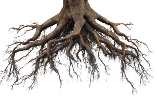 Intricate tree roots network showcasing natural architecture with complex intertwining patterns against a transparent background