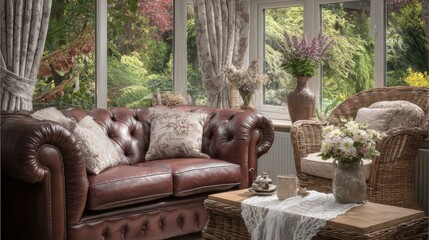 Chesterfield sofa in cozy living room with natural light and elegant decor, perfect for relaxation and social gatherings