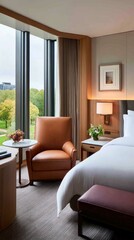 Fototapeta premium Modern minimalist bedroom with large windows, oversized bed, and leather armchairs in a contemporary design setting