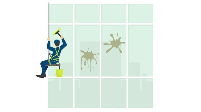 Abseiling Window Cleaner Hanging on Ropes Behind Skyscraper animation Removing Stains Curtain Wall animated video Industrial cleaning service Clip office caretaker footage maintenance appliance motion