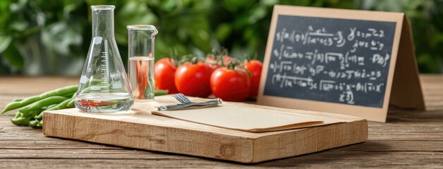 Innovative culinary science kitchen counter featuring beakers, fresh vegetables, and scientific equations for modern gastronomy exploration