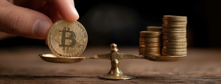 Balancing traditional wealth with cryptocurrency as a hand places a golden Bitcoin on a brass scale against a backdrop of gold coin stacks - Powered by Adobe