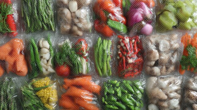 Frozen vegetables in packaging bags arranged in supermarket layout for food industry preservation healthy cooking photography