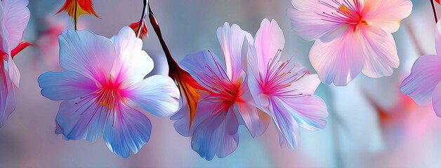 Fototapeta premium Elegant spring floral pattern featuring soft pastel pink and white cherry blossoms in a dreamy watercolor style with delicate brush strokes and a soft-focus background