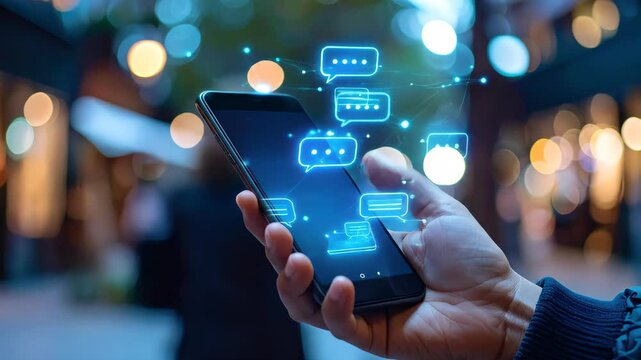 Hand holding smartphone with glowing chat bubbles depicting digital communication on a blurred city street at night - Powered by Adobe