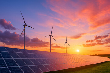 Wind turbines and solar panels at sunset with colorful sky and clouds