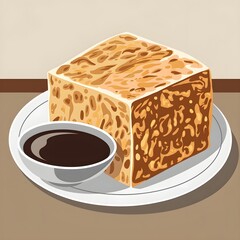 A deep-fried tofu cube with soy dipping sauce.