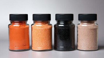 Colorful spice powders in glass jars for food seasoning ingredient photography culinary presentation display concept layout
