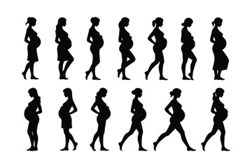 Obraz premium Black Silhouettes of Pregnant Women in Various Poses and Stages of Pregnancy Icon Set