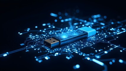 Digital Data Transfer A USB drive rests on a glowing circuit board, symbolizing the flow of information and technological advancement.