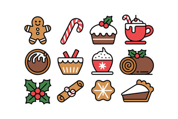 Christmas Treats Icon Set Gingerbread Candy Cane Cake Hot Chocolate Yule Log gingerbread man