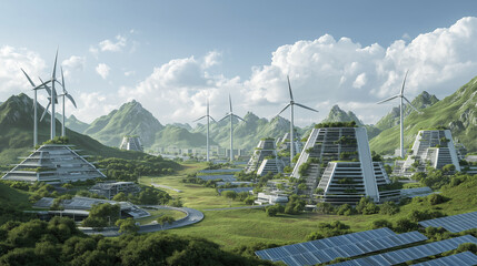 Futuristic renewable energy landscape.