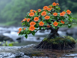 A bonsai tree laden with small, vibrant orange flowers, sits on a rock by a misty stream