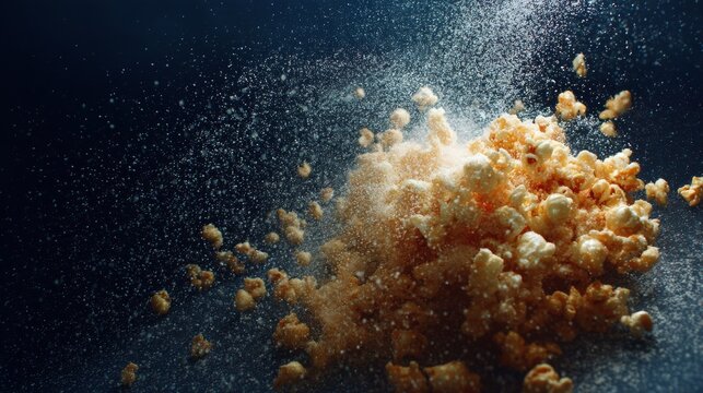 Golden popcorn explosion on dark background captured in motion for snack food photography entertainment concept visual design
