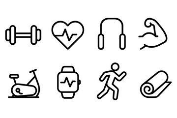 Fitness and exercise icon set featuring weights, heartbeat, headphones, and yoga mat, vector illustration