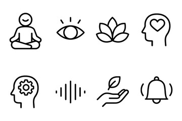Wellness and mindfulness icons set with meditation, eye, lotus, and mental health symbols, vector illustration
