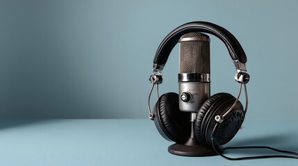 Stylish Modern Podcast Microphone with Large Studio Headphones on Soft Blue Background for Content Creators and Audio Branding Projects