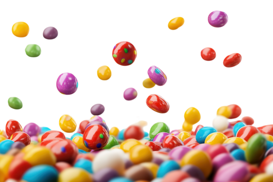 Colorful candies falling and scattering on a white background creating a joyful and vibrant confectionery display