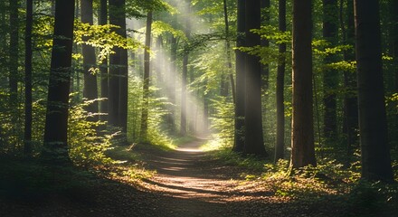 Realistic photo of a forest trail with light filtering through tree leaves, no people, minimalist and natural composition, concept of wellness in nature